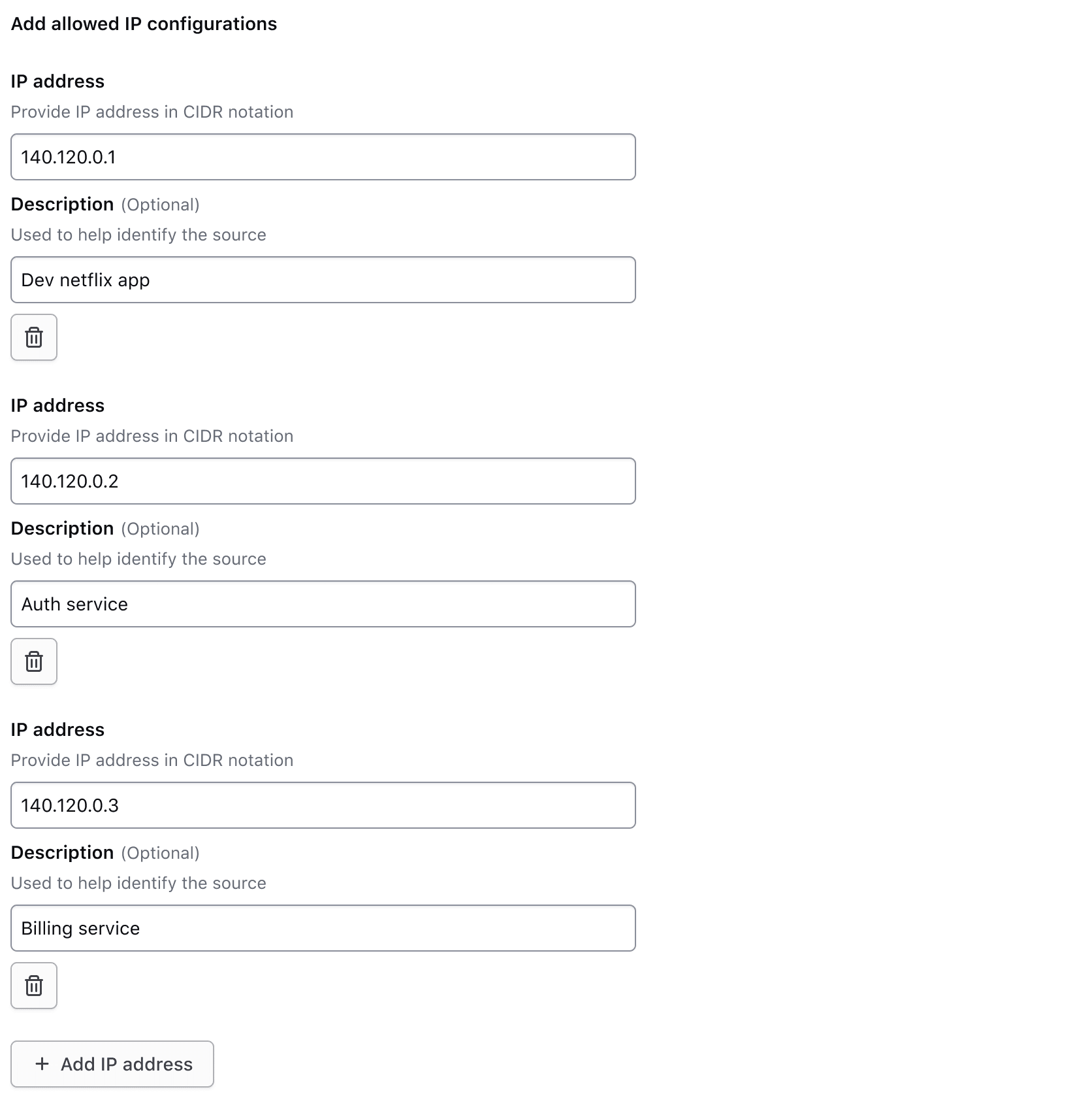 Key and value inputs stack on top of each other. The delete button is below the value input. Each input has their label and helper text visible.